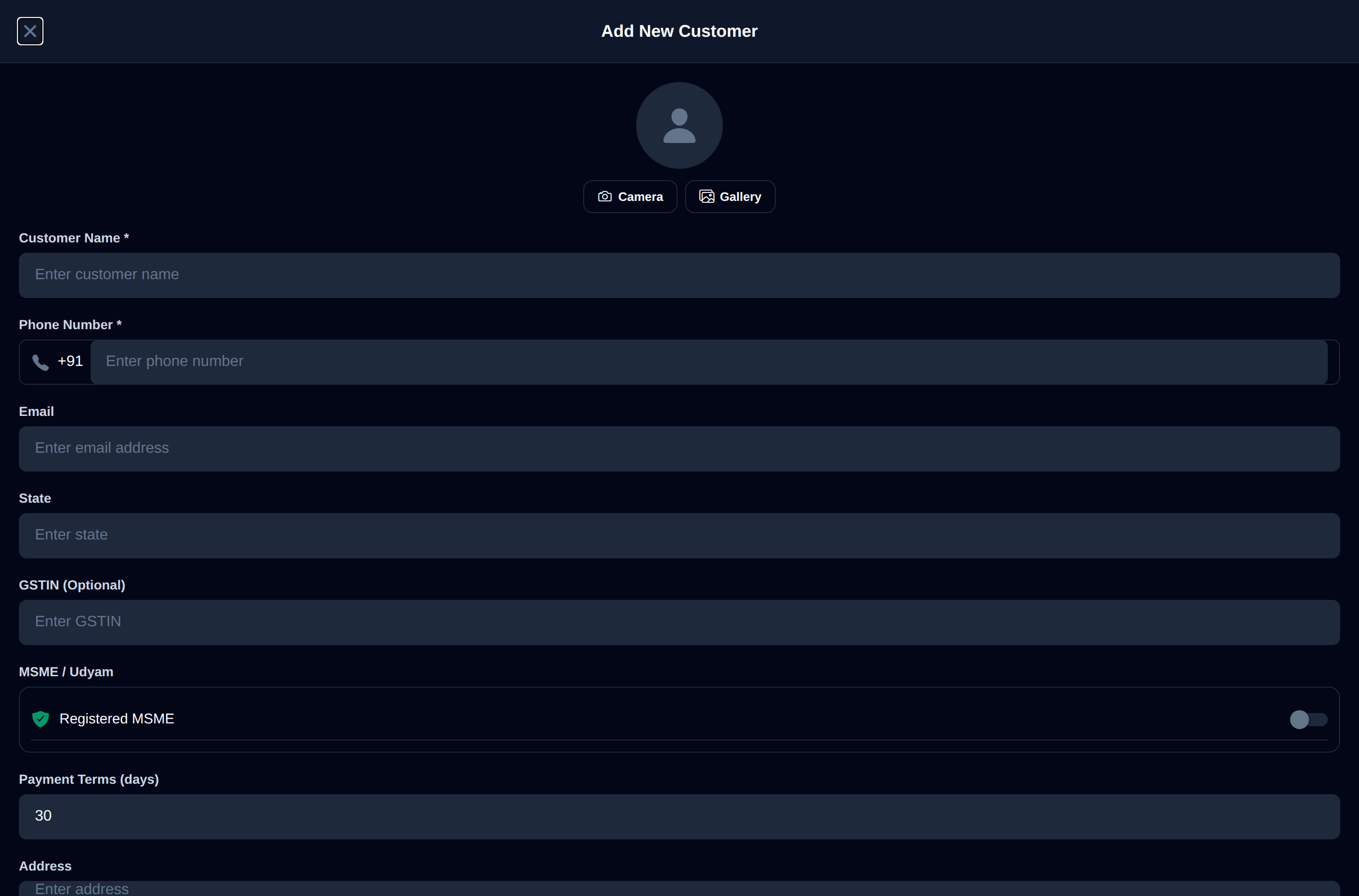 Adding a customer with GSTIN, state and notification preferences.