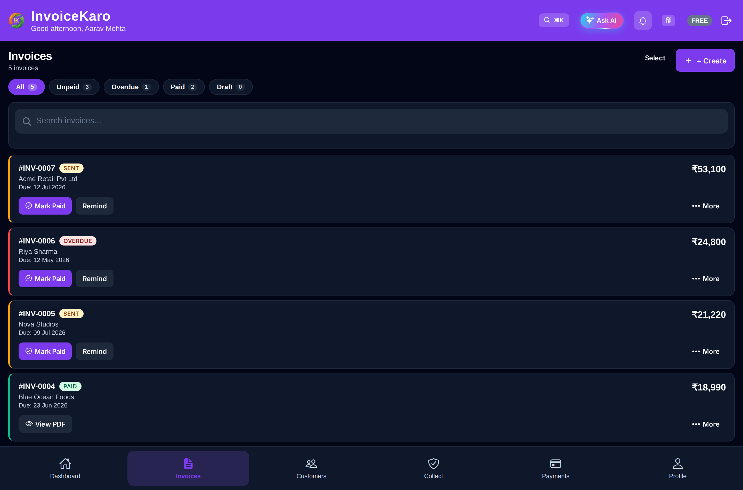 The Invoices tab with status filter pills, search and bulk actions.