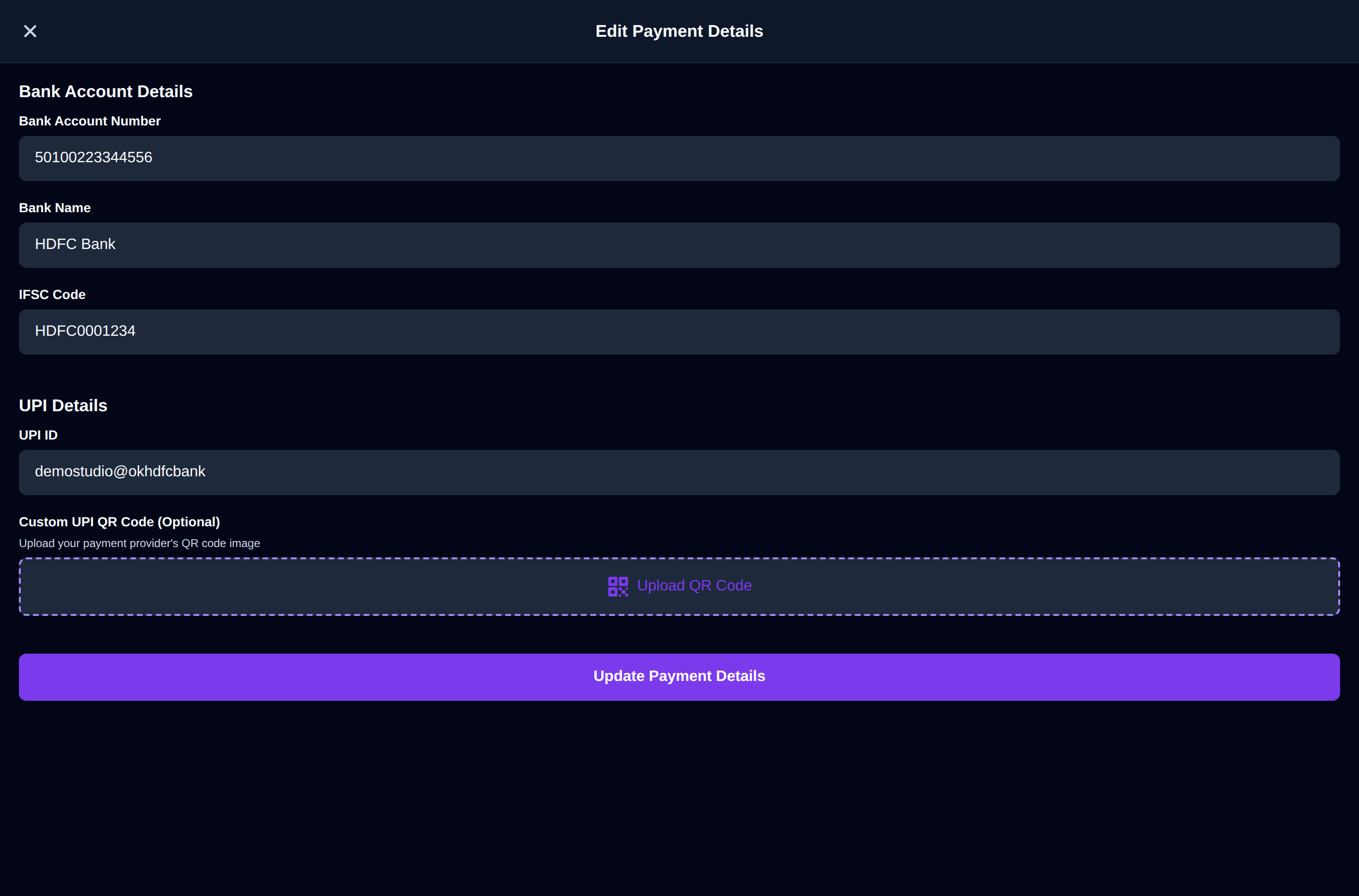 Payment Details — add a UPI ID, bank account and an optional UPI QR image.