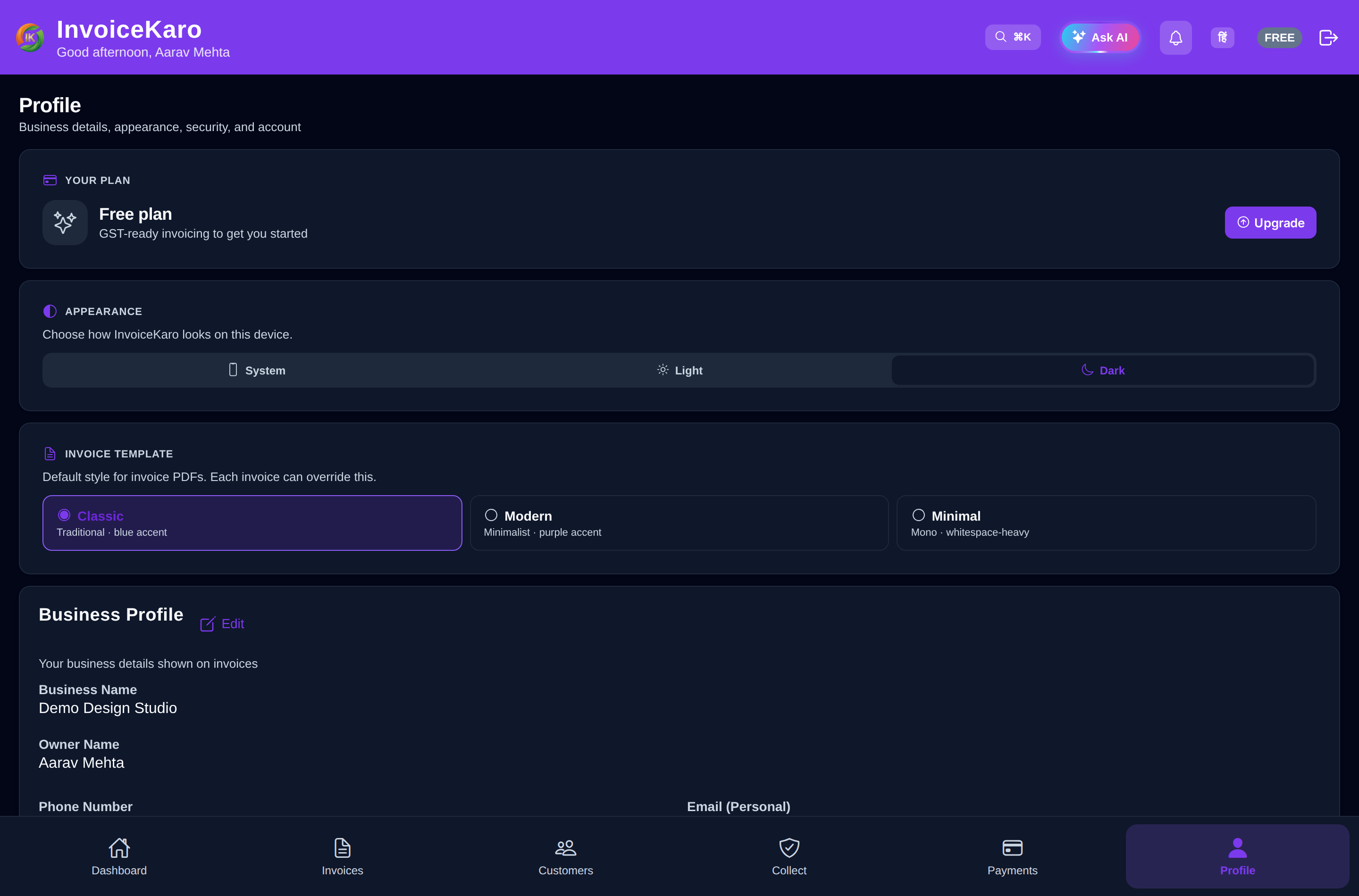The Profile screen — business details, branding and defaults in one place.